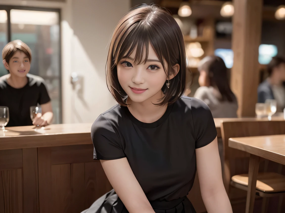 (Highest quality, masterpiece, Ultra-high resolution, 8K, RAW Photos, Realistic, Anatomically correct:1.5), 20-year-old girl:1.2, Embarrassing, avert your eyes, blush:1.0, View Viewer, ((bar)) 、Night view、 Light:1.2, Bokeh, Cinema Lighting:1.0, Depth of written boundary, sharp、 Cute face、Idol、Black short sleeve lace top、Black pleated skirt、Black clothing、”dwarf”、Full Body Shot、Cowboy Shot、 smile、(Ultra short hair、Short ponytail)、(Straight bangs)、((See-through))、(( One Girl))、