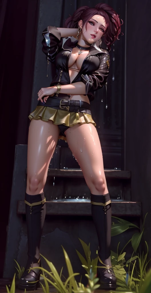 Kate Denson from Dead by Daylight, 1 Girl, Full body, Best quality, Ultra Detail, 8K, Ultra high realistic, Detailed face, Masterpiece, (Blushing:1.3), Milf, , Wet skin, Wet in miss V, Oil skin, Ahegao face, climax horny girl, Big thighs, Cropped shoulders, Choker, Mini skirt, Dark Gothic Makeup, Blade and soul, Final fantasy 14 style, Wet, big thighs, beautiful breasts, body details