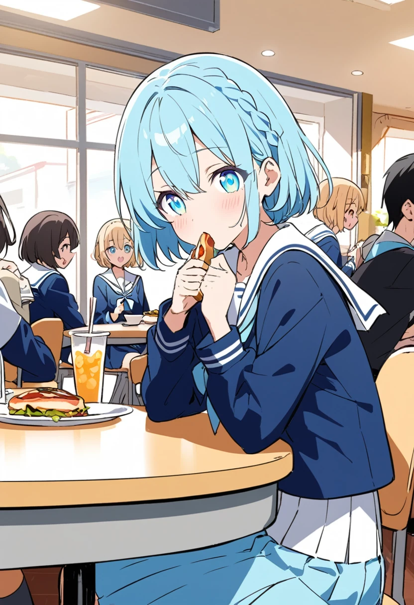 You are a professional illustrator。Please carefully check and draw the illustration according to the following conditions.。High school students enjoying their lunch in a crowded cafeteria、Delicate and beautiful anime face、Clear Eyes、Sailor suit、Braided short hair、