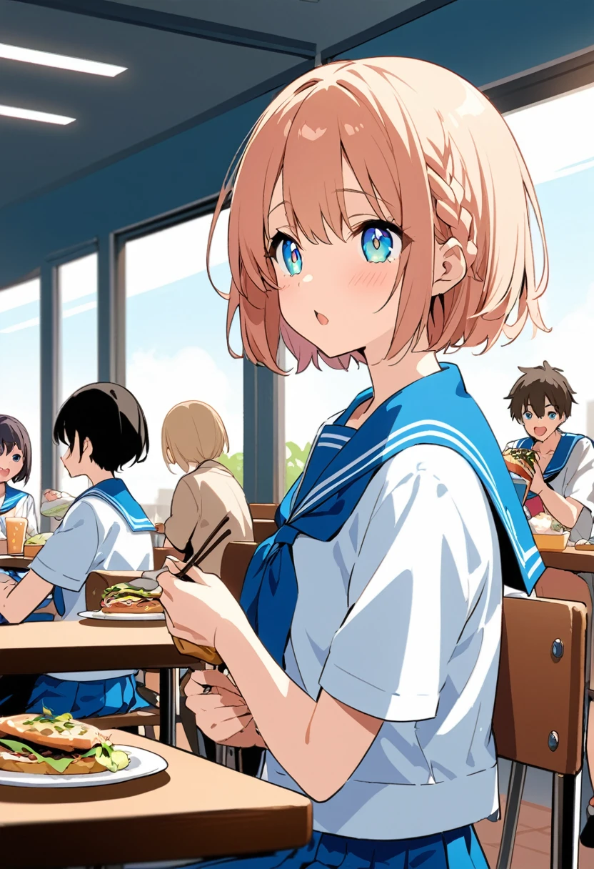 You are a professional illustrator。Please carefully check and draw the illustration according to the following conditions.。High school students enjoying their lunch in a crowded cafeteria、Delicate and beautiful anime face、Clear Eyes、Sailor suit、Braided short hair、