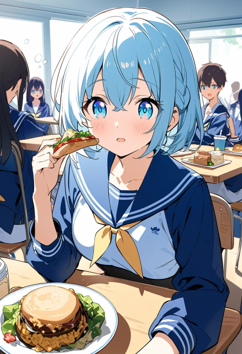 You are a professional illustrator。Please carefully check and draw the illustration according to the following conditions.。High school students enjoying their lunch in a crowded cafeteria、Delicate and beautiful anime face、Clear Eyes、Sailor suit、Braided short hair、
