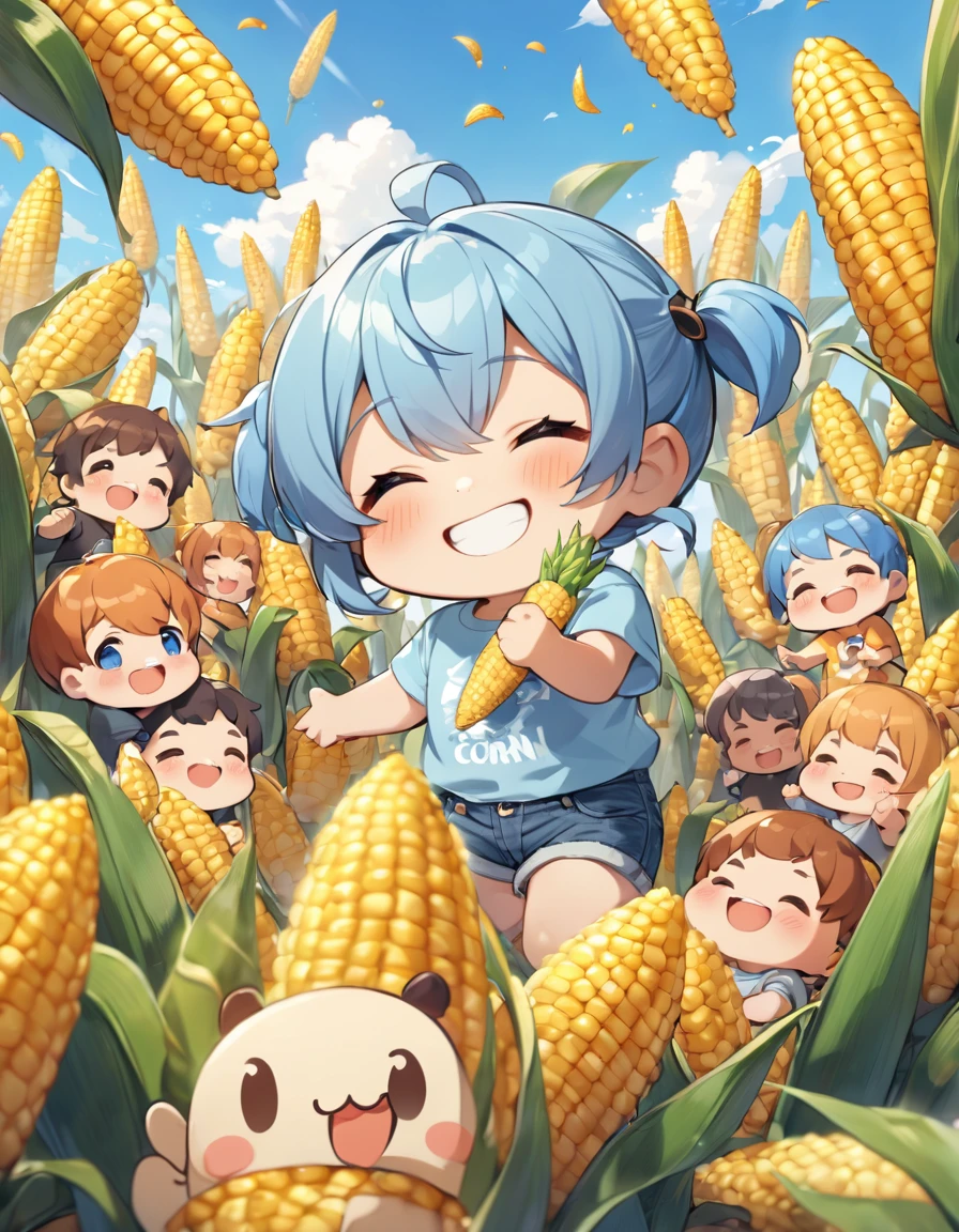 blue sky、White cloud、A field of corn、Light blue long hair、Cute chibi character with twin tails、Surrounded by corn, he is smiling happily and showing off his biggest smile.、A little character is eating corn、A kernel of corn on his cheek、Delicious smile、T-shirt and denim shorts
