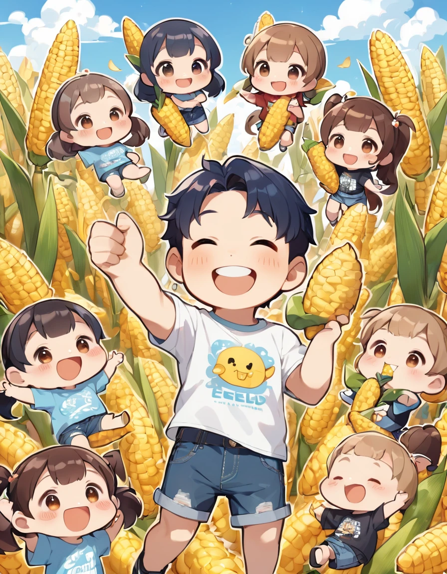 blue sky、White cloud、A field of corn、Light blue long hair、Cute chibi character with twin tails、Surrounded by corn, he is smiling happily and showing off his biggest smile.、A little character is eating corn、A kernel of corn on his cheek、Delicious smile、T-shirt and denim shorts