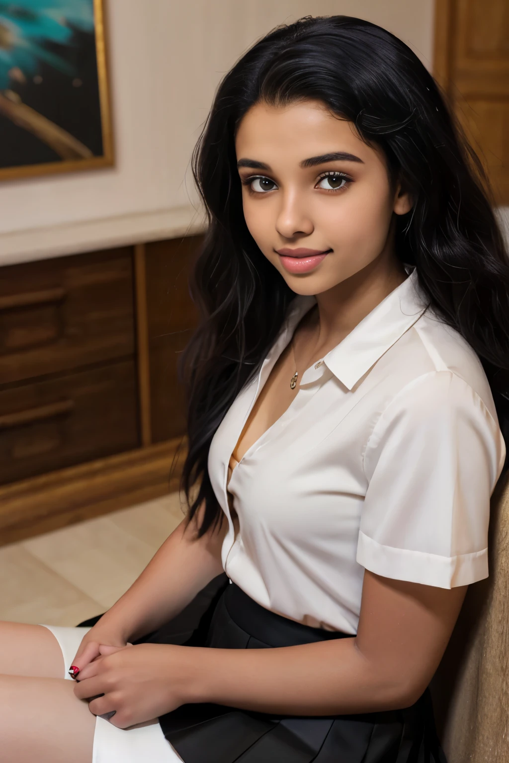 (light skinned Sudanese teen model), young, youthful, teen, pretty, beautiful, gorgeous, thin, (skinny), dainty, delicate, in a living room at night, studio lighting, face focus, 3/4 portrait, curly black hair, big lips, smiling, secretary clothes, white blouse, black skirt