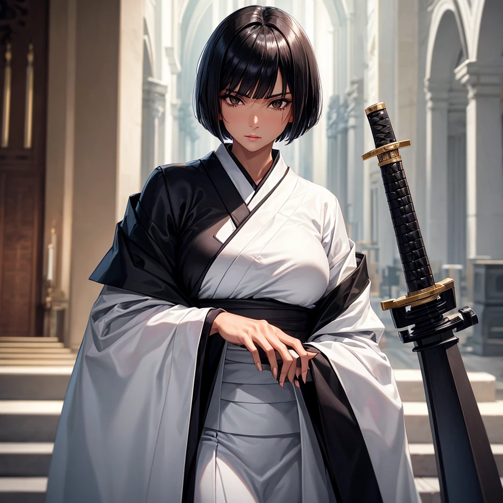 Mature woman, tanned skin, black bob hair, a right side bang, white-black eyes!!!, sexy white kimono, white katana, authoritarian look. (White cathedral interior)