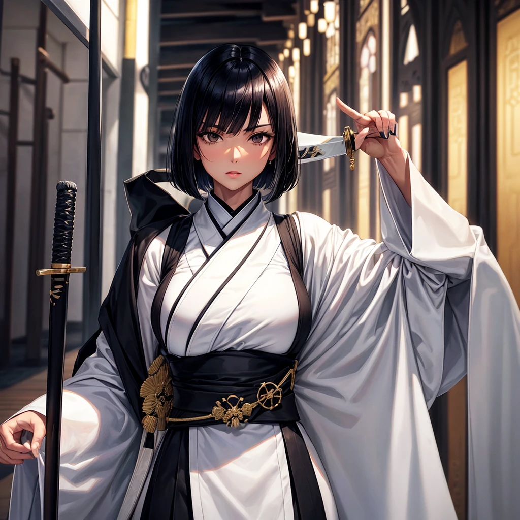 Mature woman, tanned skin, black bob hair, a right side bang, white-black eyes!!!, sexy white kimono, white katana, authoritarian look. (White cathedral interior)