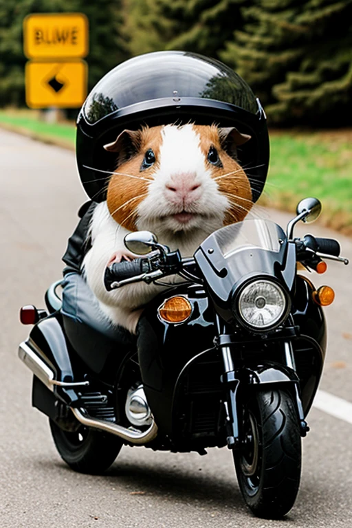 guinea pig on a motorcycle with black gloves