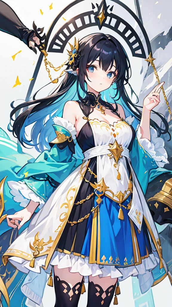fantasy world girl with colorful hair, accessories, detailed clothes, black hair
