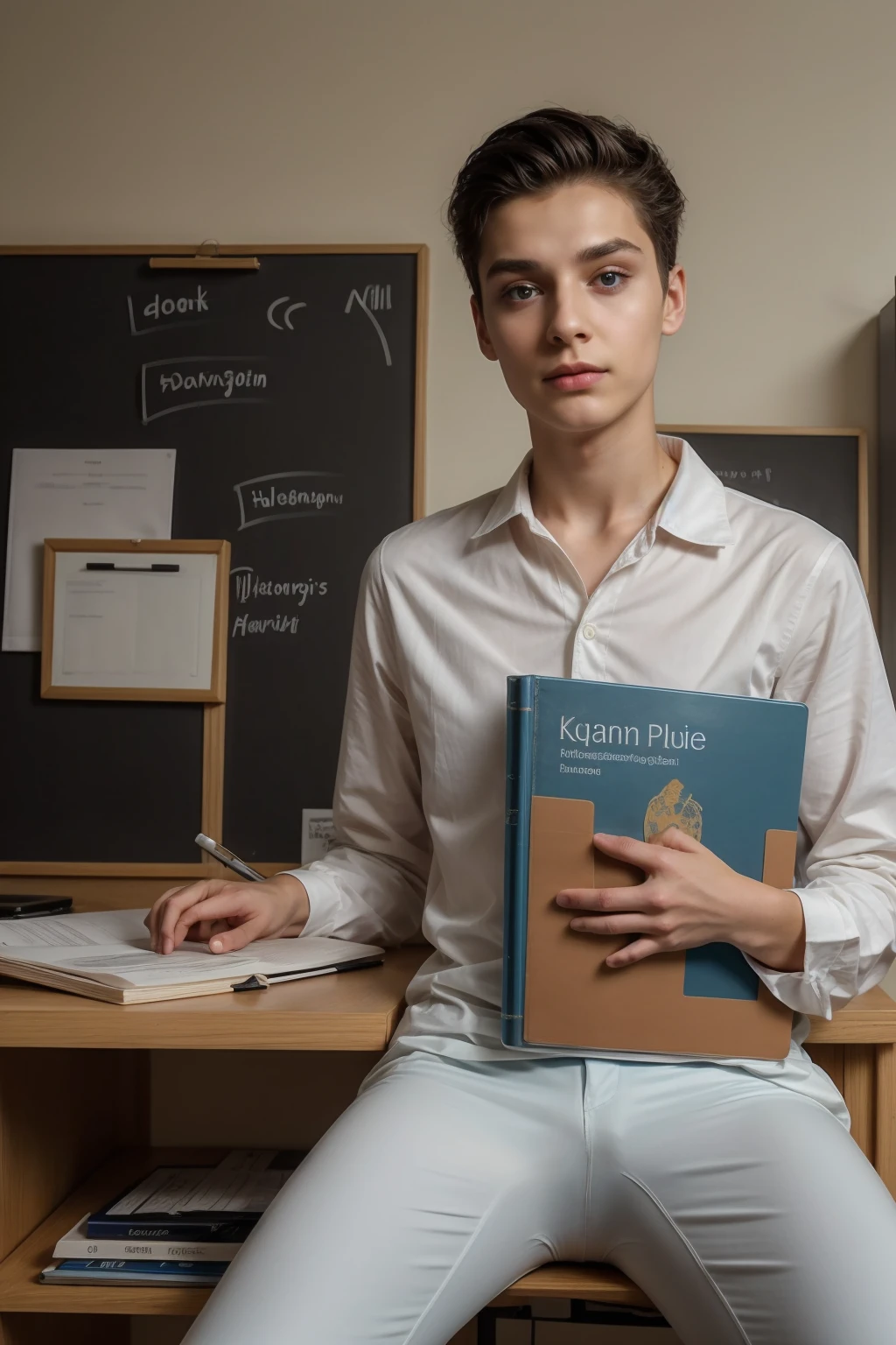 A beautiful young male twink, cute, with black hair and a face with makeup, wearing a bright white long-sleeved shirt and aqua blue pants, and he is in his office, and behind him is a blackboard on which is written the shape of the brain and its anatomy, and nuclear energy comes out of it, and he has a face with makeup and and. His eyes have dark circles under them, and he is sitting studying with a huge medical book on surgery, and he appears fully formed, with a beautiful face with makeup