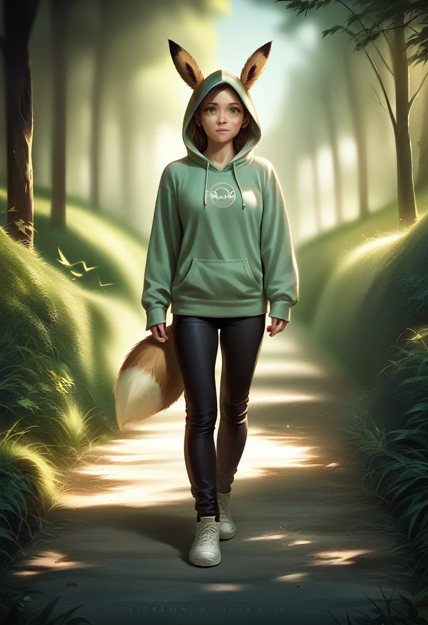 A cute pikachu and eevee walking on a path, wearing a hoodie, black pants, and white shoes, highly detailed, photorealistic, 8k, masterpiece, vibrant colors, natural lighting, realistic textures, beautiful scenery, lush environment, warm tones
