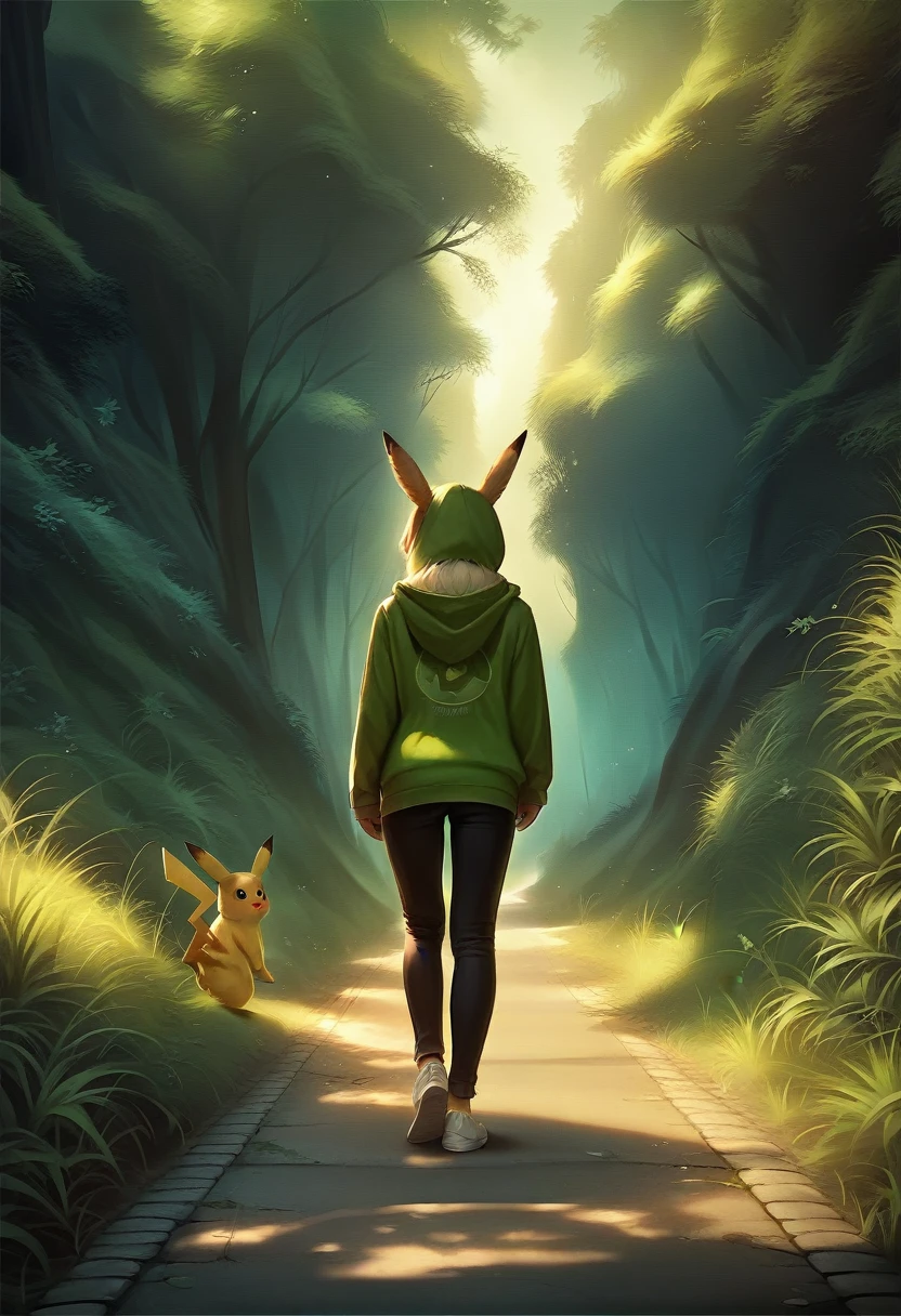 A cute pikachu and eevee walking on a path, wearing a hoodie, black pants, and white shoes, highly detailed, photorealistic, 8k, masterpiece, vibrant colors, natural lighting, realistic textures, beautiful scenery, lush environment, warm tones