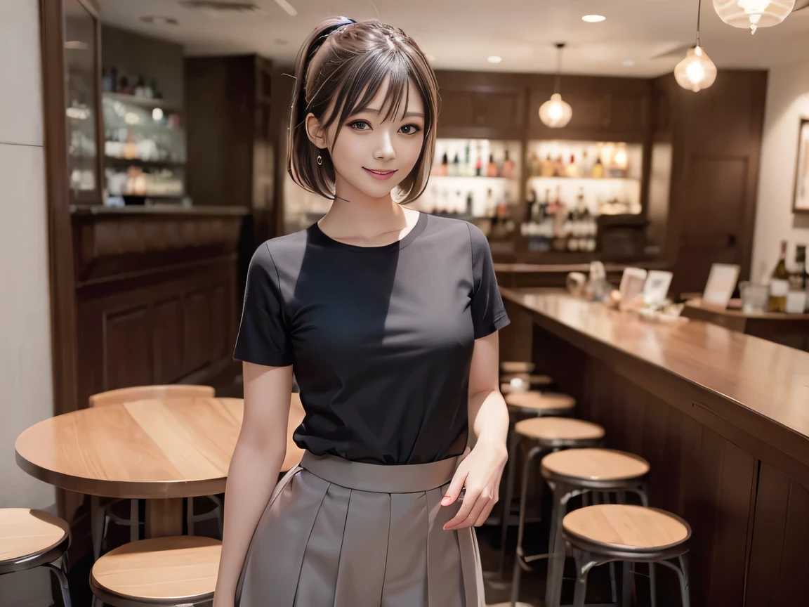 (Highest quality, masterpiece, Ultra-high resolution, 8K, RAW Photos, Realistic, Anatomically correct:1.5), 20-year-old girl:1.2, Embarrassing, avert your eyes, blush:1.0, View Viewer, ((bar)) 、Night view、 Light:1.2, Bokeh, Cinema Lighting:1.0, Depth of written boundary, sharp、 Cute face、Idol、Black short sleeve lace top、Black pleated skirt、Black clothing、”dwarf”、Full Body Shot、Cowboy Shot、 smile、(Ultra short hair、Short ponytail)、(Straight bangs)、((See-through))、(( One Girl))、