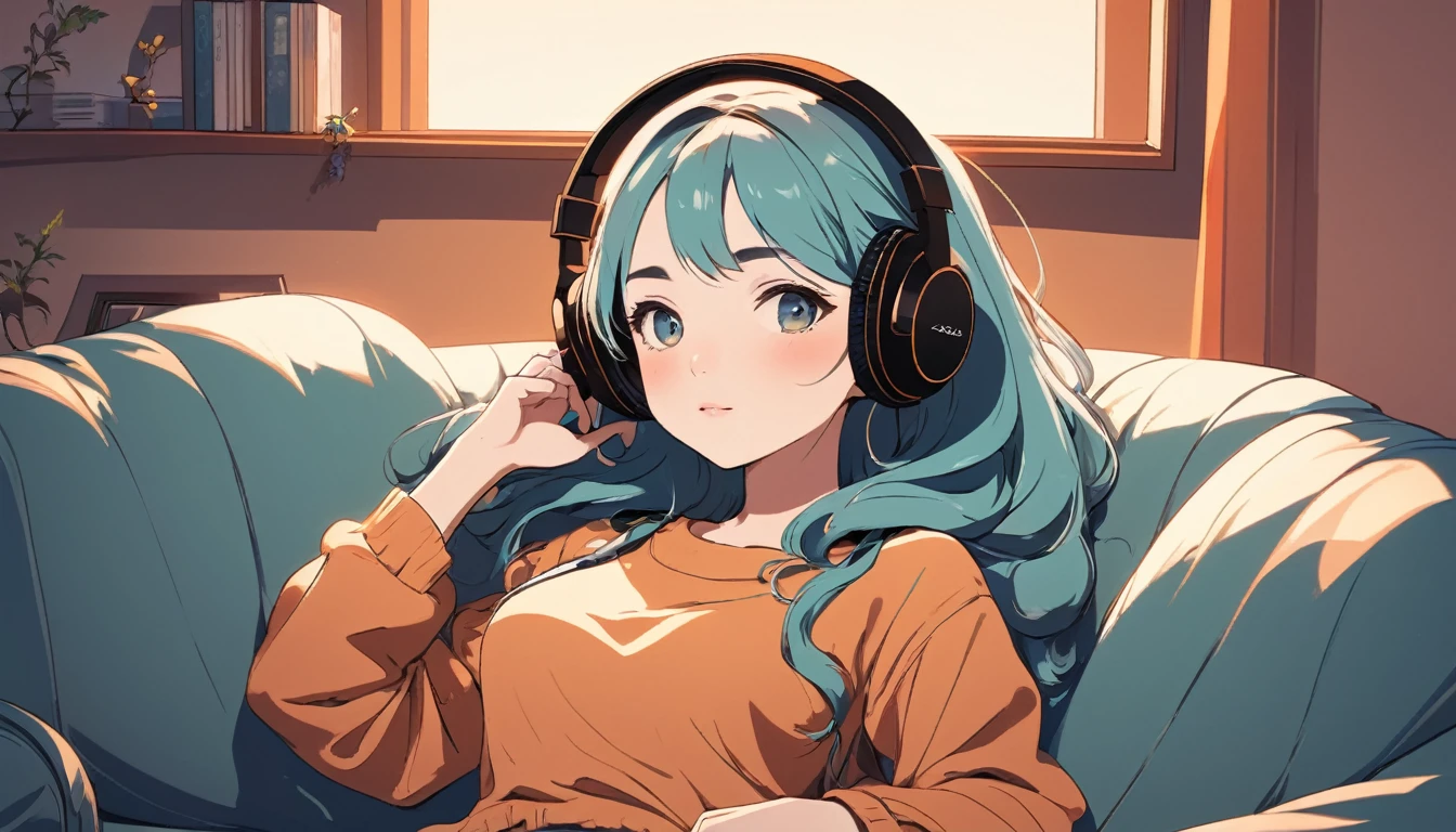 Sexy woman wearing headphones sitting comfortably on sofa, Wide-angle lens, Lofi Anime, Lofi illustration, Aesthetic atmosphere, Lo-Fi Style, Vector art, Flat Design, Simple shape, Warm tones, Pleasant atmosphere, Chill, In anime style, Digital drawing, Vector art, Vector logo for t-shirt printing, (Adorable:1.5), (small:1.4), (Playful:1.2), (soft:1.3), (Whimsical:1.1), masterpiece, Highest quality, 8K, Intricate details, grow, Celestial, Mysterious, Picturesque, amazing, Majestic, Magic, Fantasy art, Cover art, dream-like