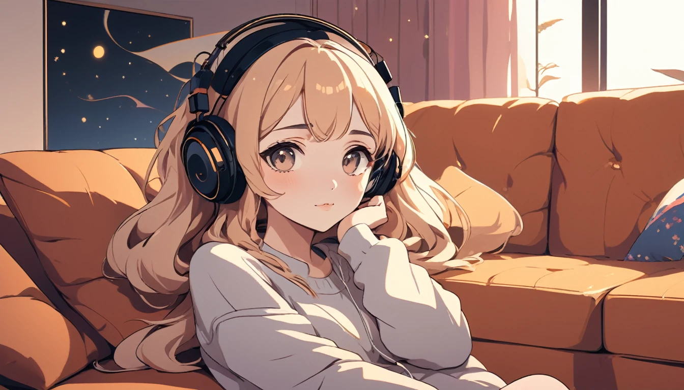 Sexy woman wearing headphones sitting comfortably on sofa, Wide-angle lens, Lofi Anime, Lofi illustration, Aesthetic atmosphere, Lo-Fi Style, Vector art, Flat Design, Simple shape, Warm tones, Pleasant atmosphere, Chill, In anime style, Digital drawing, Vector art, Vector logo for t-shirt printing, (Adorable:1.5), (small:1.4), (Playful:1.2), (soft:1.3), (Whimsical:1.1), masterpiece, Highest quality, 8K, Intricate details, grow, Celestial, Mysterious, Picturesque, amazing, Majestic, Magic, Fantasy art, Cover art, dream-like