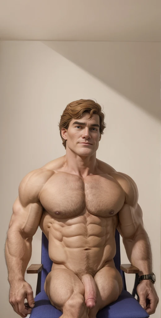 (masterpiece, intricately detailed, highest resolution, best quality:1.2),a cocky Peter Parker, a 21 y.o muscle stud with a muscular physique sitting on a chair with black eyes,fair-skinned male, completely naked, flaccid penis, intimidating, little smirking, saggy balls,hairy chest,vascular,muscle striations,soft light,fantastic realism,