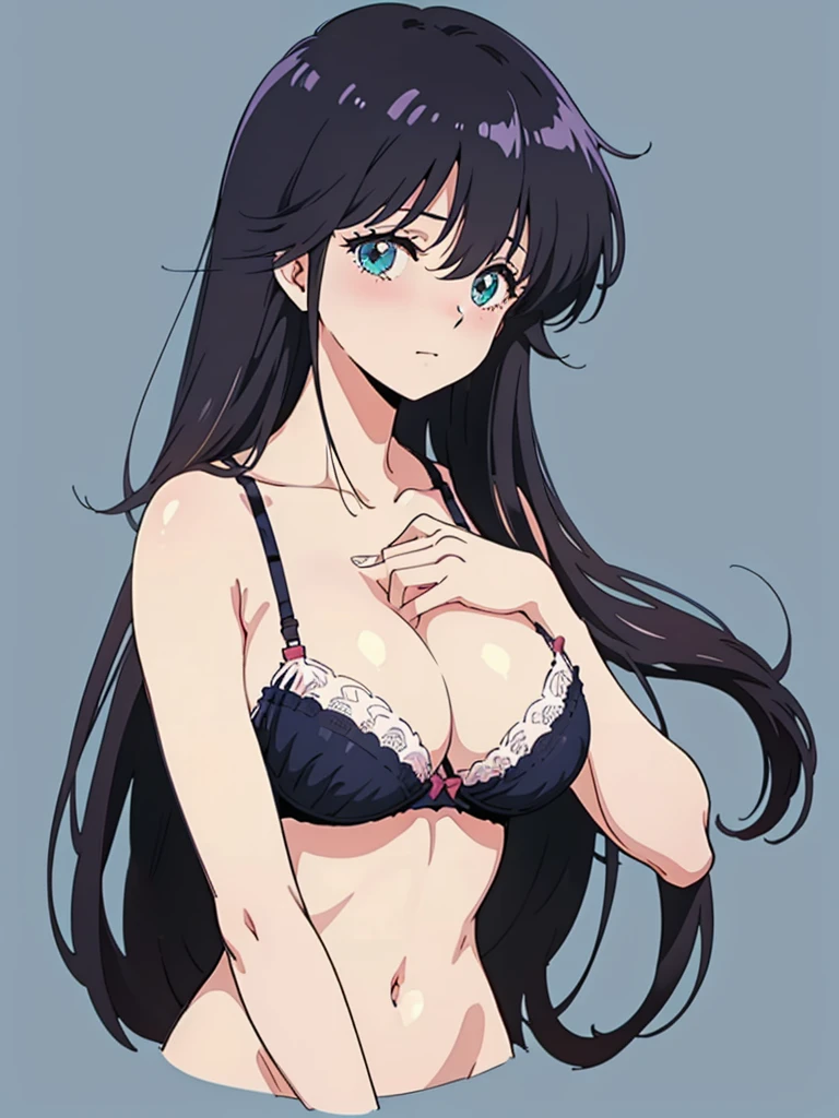 (masutepiece, Best Quality, High resolution:1.5, anime colours, megami magazine:1.2, anime poster style, anime keyvisual, sharp, 8k, photorealistic), (beautiful detailed eyes:1.5, beautiful detailed face:1.2), madoka ayukawa, 1girl, blush, (black hair, Long Hair), (sagging huge breasts), (adjusting bra), upper body, (Perfect detailed Anatomy, beautiful detailed hair, beautiful detailed body:1.2, shiny skin), (thick outline, Beautiful outlines, black outlines), (simple background:1.5)