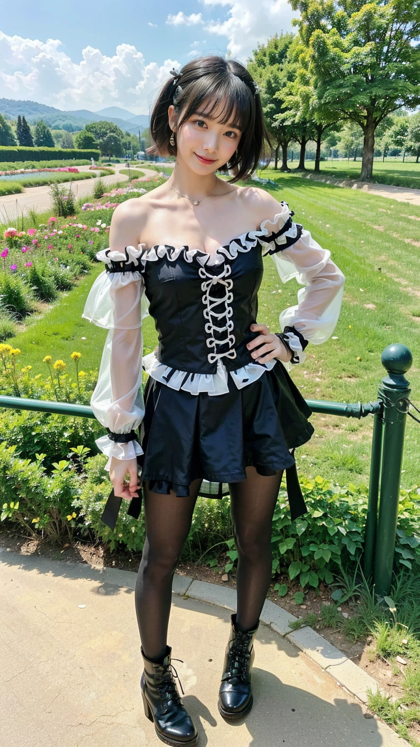 (8K、RAW Photos、Highest quality、masterpiece:1.2)、(Realistic、Realistic)、1 Girl、((Off the shoulder、Black Mini Skirt、one piece、Frills、smile、Medium Hair、See-through、tights、boots、chest emphasis、whole body、garden、View from the front、Looking into the camera、Stand with your hands on your hips))、