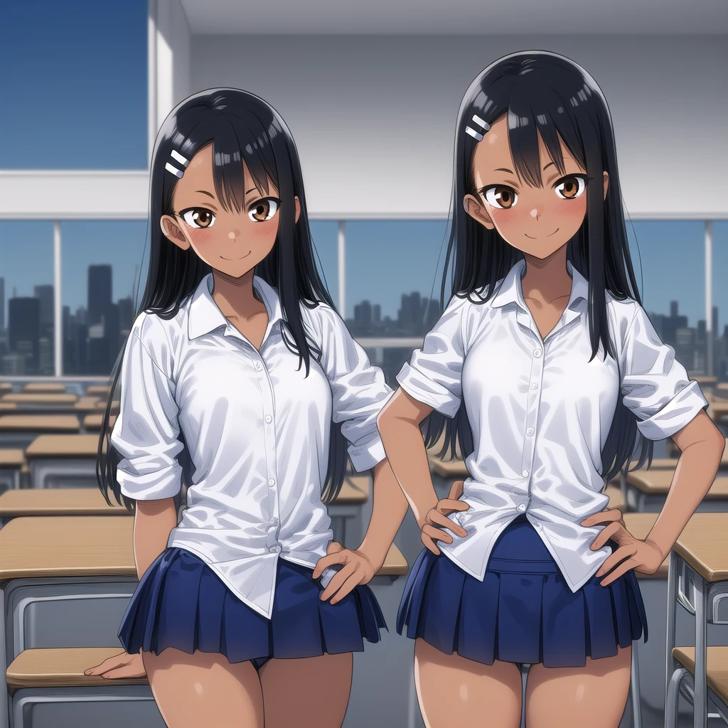 One girl, Cowboy Shot, classroom, fighting sSunburnce, Nagatoro_Hayase, Brown eyes, Black Hair, Long Hair, Dark Skin, Dark skinned women, Sunburn, Sunburnlines, Hair Clip, , White shirt, Collared shirt, プリーツskirt, Highest quality, masterpiece, High resolution, One girl, 一人でcyberpunk cityscape,night city \(city\), stealth in the city,Small breasts, masterpiece, Professional artwork, Famous works of art, Perfect Face,Perfect Eyes,nagatoro Hayase, hair ornaments, Brown eyes,(Glowing Eyes:1.1), Hair Clip,Dark Skin, Black Hair,, Cowboy Shot, Black Hair, Beautiful Face, ((Perfect female body, Tight waist)), background city, skirt,Highest quality, masterpiece, High resolution, 8k wallpaper,whole bodyイラスト,whole body,one-piece swimsuit,Swimsuit,One piece swimsuit,High leg,背景classroom,Embarrassed face,With legs apart,Looking up from below,Sexy pose,Watching the audience,blush,smile,Smiling,制服の下にSwimsuit,制服の下にOne piece swimsuit,School swimsuit under uniform,Swimsuit under uniform,swimsuit under clothes,skirtリフト,制服の下にSwimsuitを着込んでいる,制服の下にOne piece swimsuitを着込んでいる,Perfect description,シャツの下にSwimsuit,シャツの下にOne piece swimsuit,Shirt lift,Are standing,White shirt, Collared shirt, プリーツskirt,プリーツskirtの下にSwimsuit,プリーツskirtの下にOne piece swimsuit,Anime Style,Anime Art,skirtをたくし上げている,Low - Angle,Hands on hips,