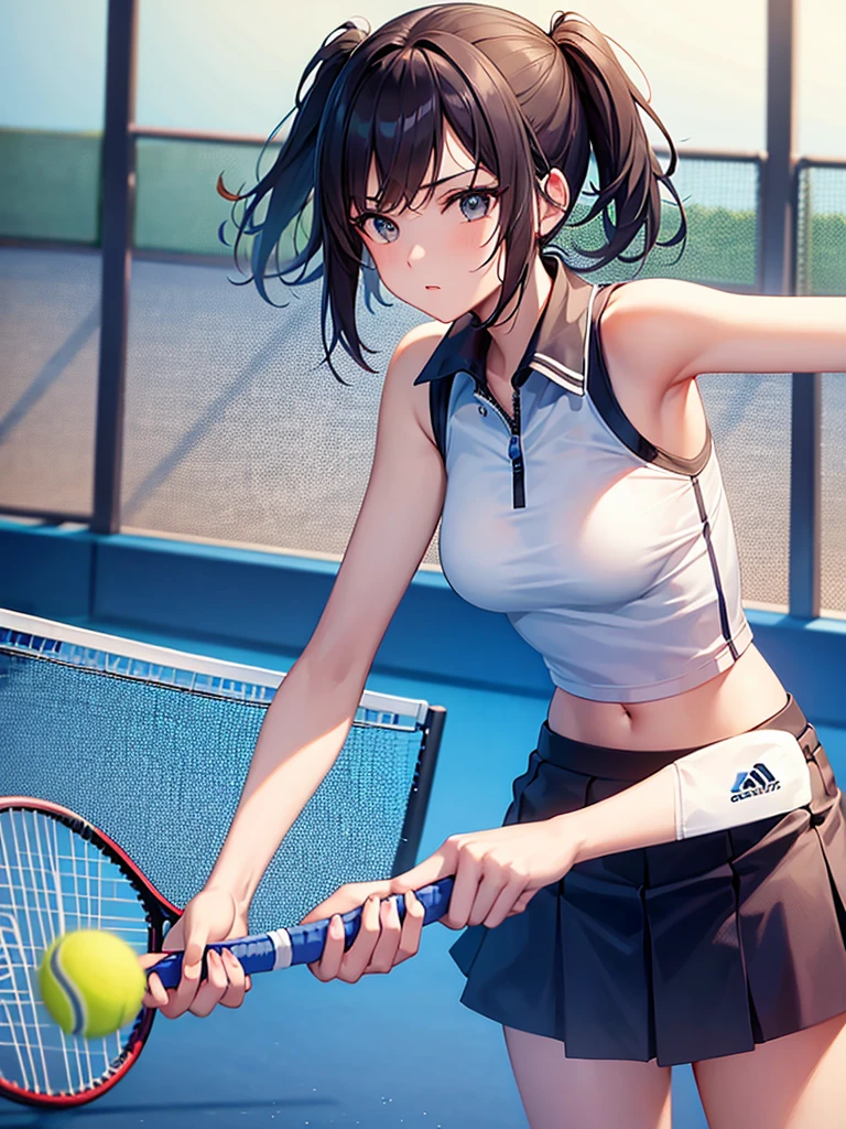 masterpiece, high-quality, a young woman, playing tennis, wearing tennis wear, perfect face, perfect hands
