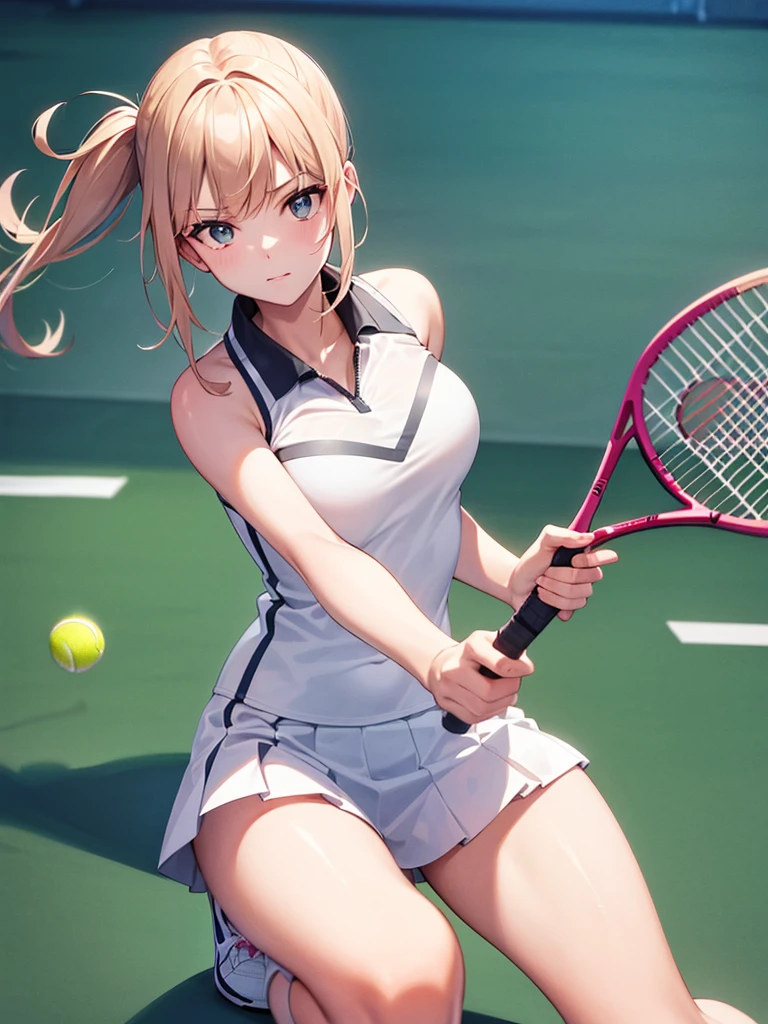 masterpiece, high-quality, a young woman, playing tennis, wearing tennis wear, perfect face, perfect hands