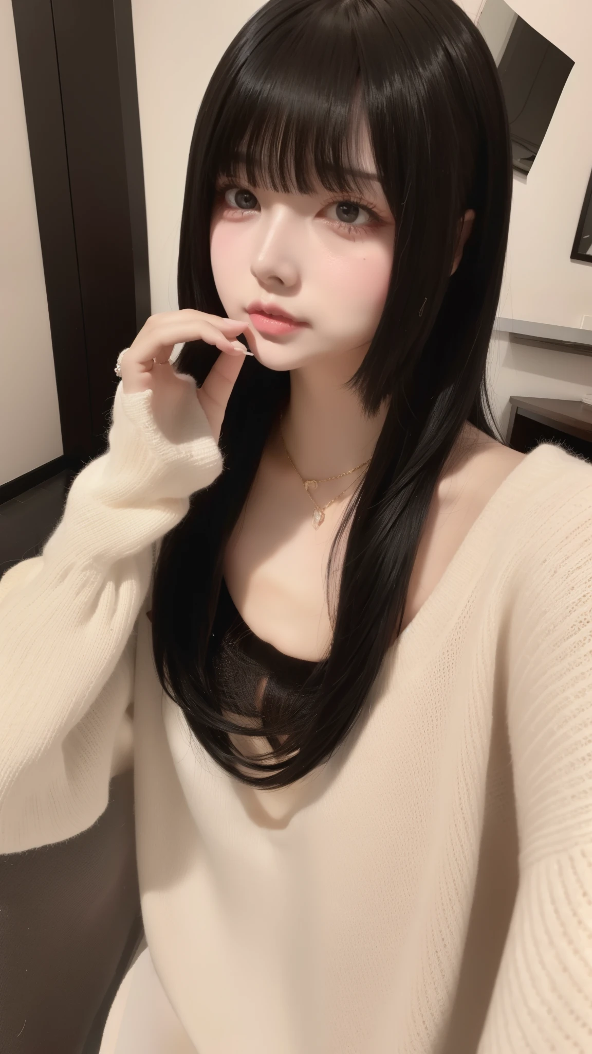 Highest quality、8K、32k、masterpiece、Hmph:1.2)、One Girl、One Girl、Black-haired、Heavy bangs、Chest-length hair、Focus on the face、Focus on the face、Virgin killer sweater