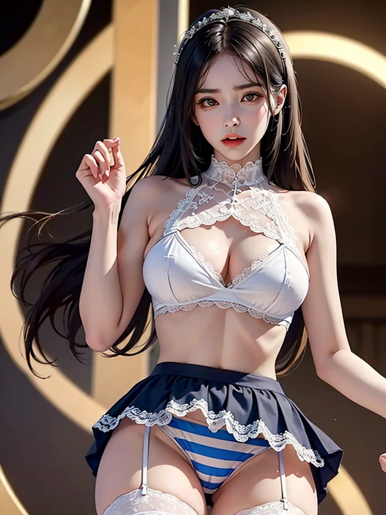 ((((Best Quality, 8K, 32K, masterpiece, 1.2)))),{{solo}},nsfw,{{{Artist: EUPHORIA's style}}},((perfect beautiful face:1.2)), slender body, nsfw,(Lift up the skirt:1.4),(striped lace panties visible:1.3),(pubic hair:1.2),(cameltoe:1.2),(love juice:0.5), frown,angry,contemptuous,disdain,(hate:1.4),(blush:0.4),looking down,elegant,active angle,dynamism pose