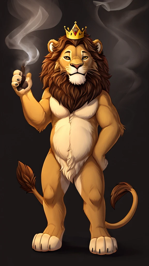 
A  lion with a crown on his head, alone, smiling with the face of someone who smoked marijuana and with his paws up greeting with a black background