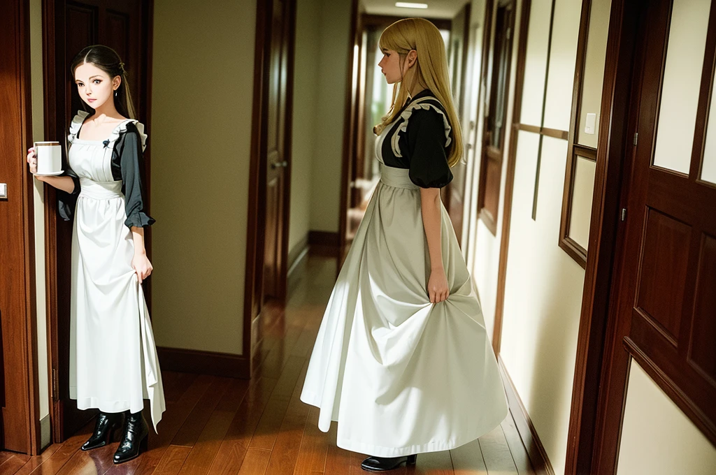 Maid walking down the hallway, carrying a tray to her mistress, era Lord of the Rings.