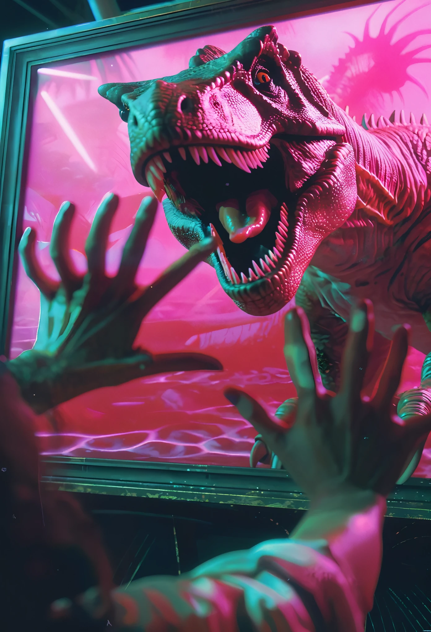 Someone is trying to take a picture of the dinosaur in the frame, beeping sounds and tim hildebrandt, beeping sounds and mike winkelmann, realism | beeping sounds, beeping sounds. hyperrealism, beeping sounds and jean giraud, synthwave art style, beeping sounds |, beeping sounds and greg rutkowski