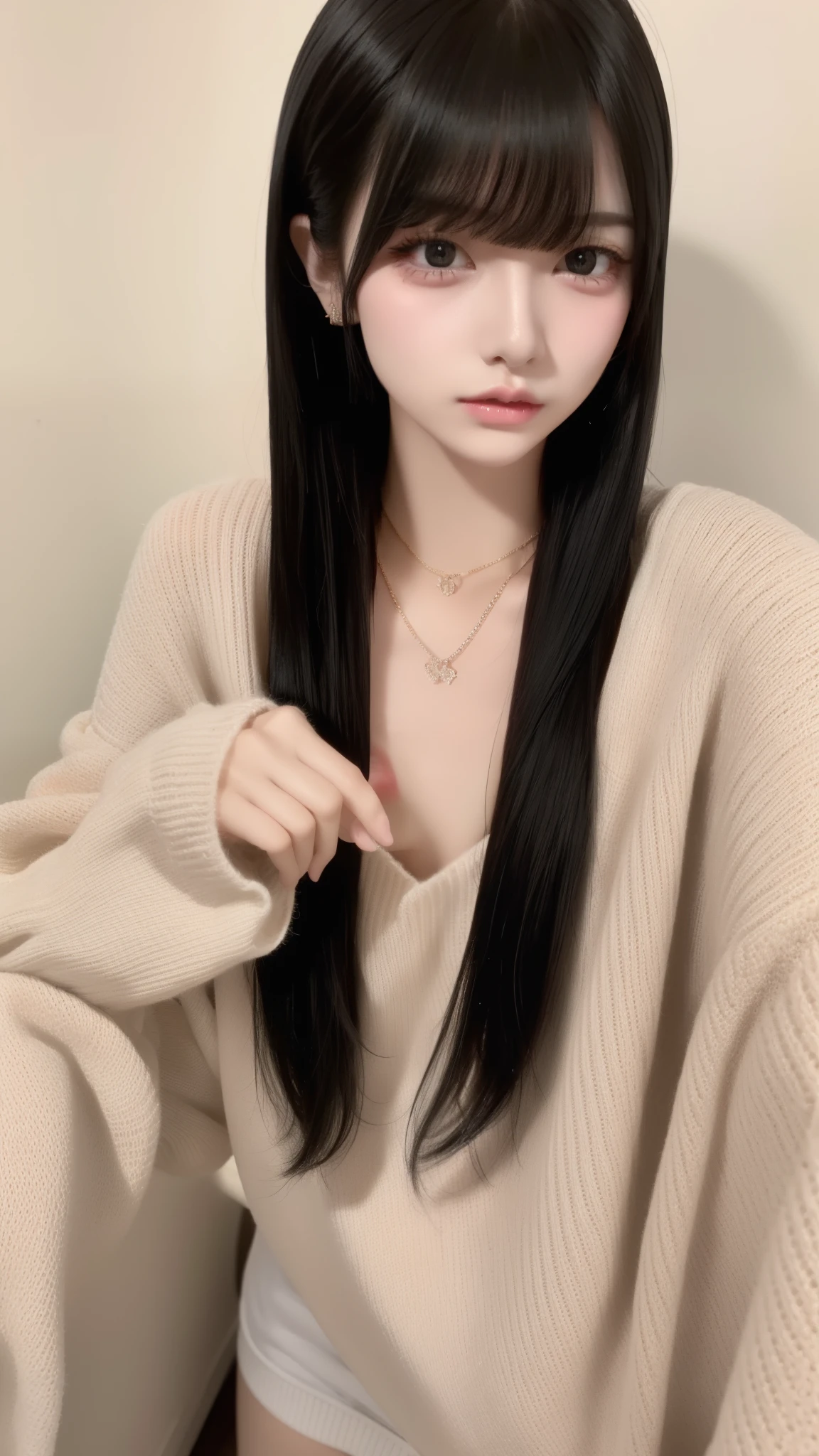 Highest quality、8K、32k、masterpiece、Hmph:1.2)、One Girl、One Girl、Black-haired、Heavy bangs、Chest-length hair、Focus on the face、Focus on the face、Virgin killer sweater