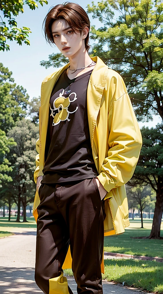 ((4K works))、​masterpiece、（top-quality)、((high-level image quality)) ((manly)) ((serious)) ((short brown hair)) ((yellow eyes)) ((modern clothing )) ((standing in a park))