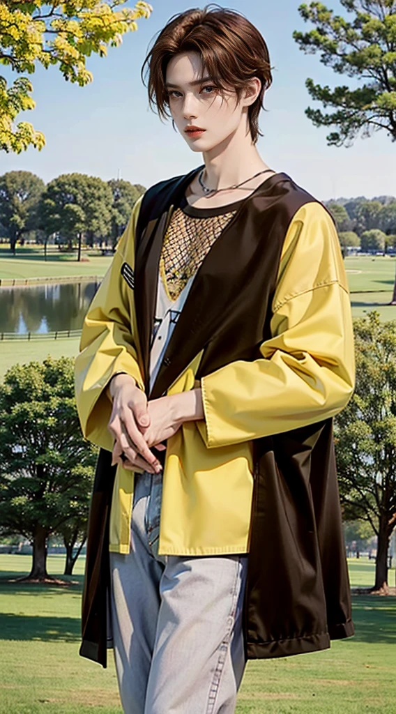 ((4K works))、masterpiece、(top-quality)、((high-level image quality)) ((manly)) ((serious)) ((short brown hair)) ((yellow eyes)) ((modern clothing )) ((standing in a park))