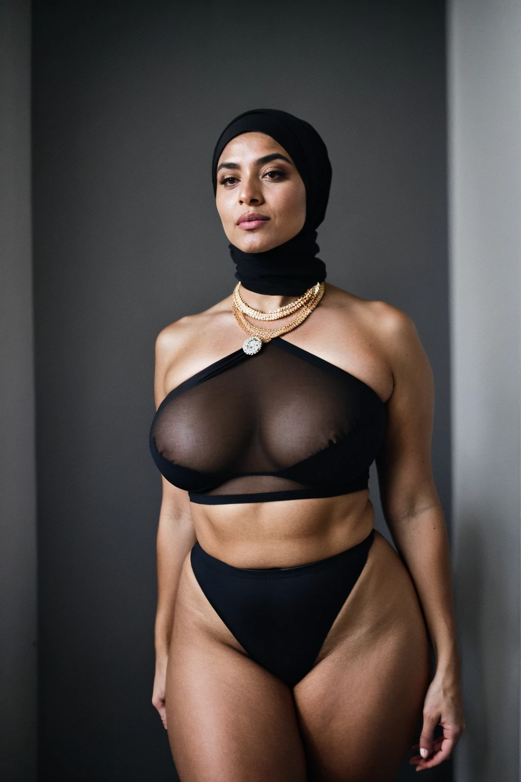 RAW photo,dark,moody,hazy atmosphere,35mm focal lenght,underexposed,cold,candid photograph,artistic,full body,photo of a beautiful,influencer,30yo Arab woman,hijab,detailed skin,fully naked,looking at viewer, thick body structure,grey background,no background, candid pose,dim room,blue light, film grain, kodak color, instagram LUT