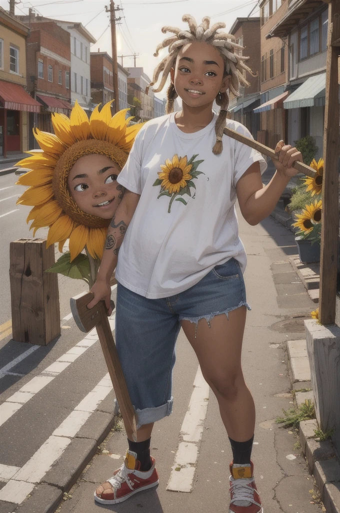 16 year old with very loose street style clothes and white skin, short dreadlocks in her hair and holding an ax with a wooden handle, teeth split down the middle and a little chubby with just a sunflower tattoo on her left arm, in a city