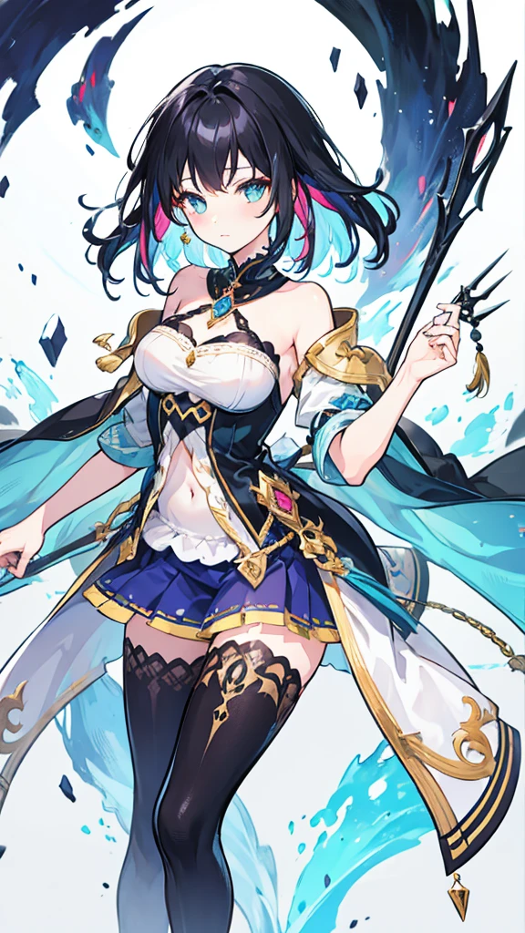 fantasy world girl with colorful hair, accessories, detailed clothes, black hair