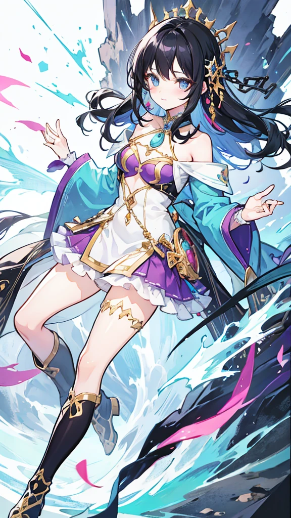 fantasy world girl with colorful hair, accessories, detailed clothes, black hair