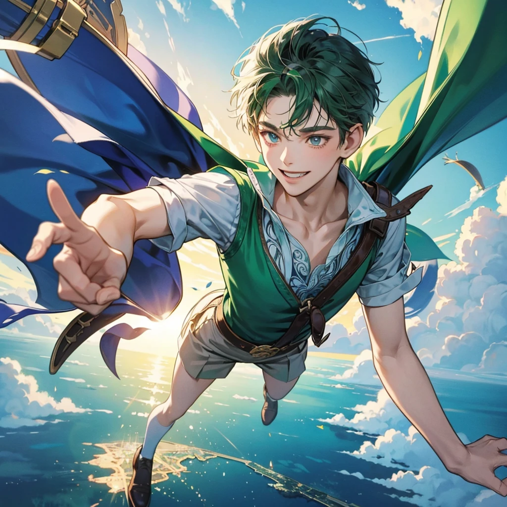 PeterPan flying over Neverland smiling happily