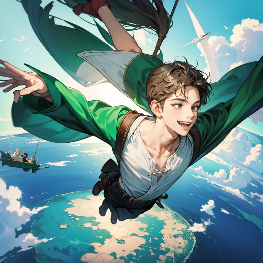 PeterPan flying over Neverland smiling happily 