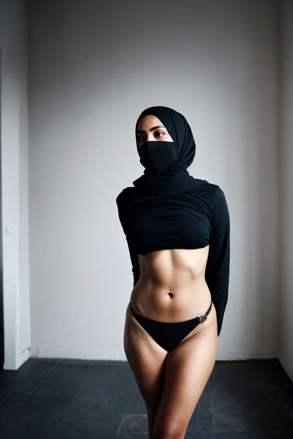 RAW photo,dark,moody,hazy atmosphere,35mm focal lenght,underexposed,cold,candid photograph,artistic,full body,photo of a beautiful,influencer,30yo Arab woman,hijab,detailed skin,fully naked,looking at viewer, thick body structure,grey background,no background, candid pose,dim room,blue light, film grain, kodak color, instagram LUT