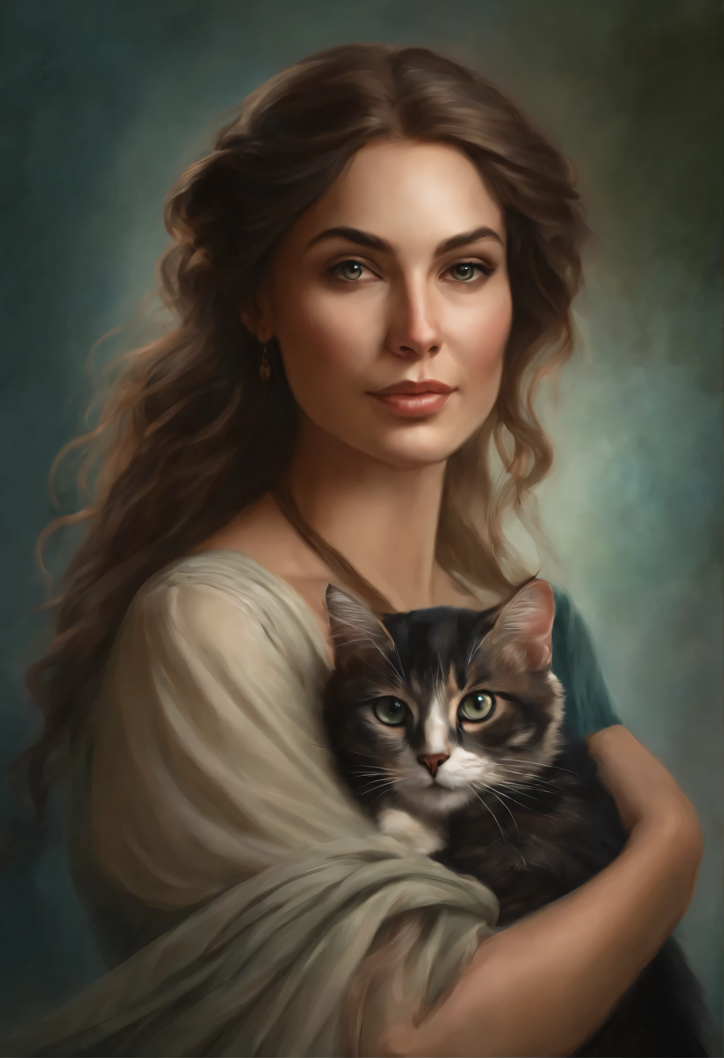 painting of a woman, holding a cat in his arms, artista grafica Magali Villeneuve, Magali Villeneuve&#39;, inspired by Magali Villeneuve, inspired by Cynthia Sheppard, Magali Villeneuve y monet, fantasy art portrait, fantasy portrait, Magali Villeneuve, fantasy portrait art, by Cynthia Sheppard, realistic fantasy illustration, fantasy portrait