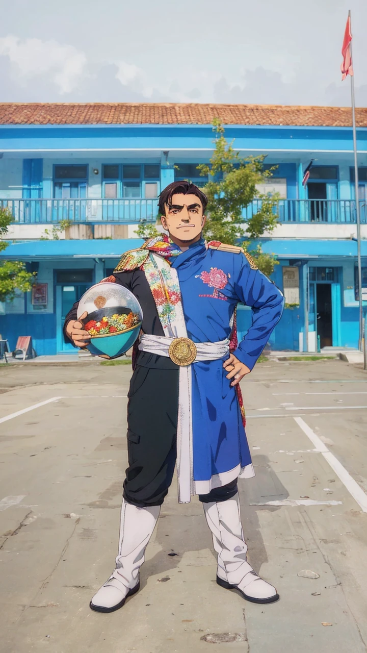 A male character with brown eyes and with medium fringe hairstyle black hair the Mappa art style. He is depicted in a grey shirt, showcasing a sharp jawline.He is also wearing short sleeve shirt. He is also fair. He is also smiling a little. He is also wearing blue scarf in city slicker way . Behind him a small cabin. The artwork should have the best quality, with ultra-detailed and realistic features. The color palette should be vivid, and the lighting should emphasize the character's facial structure and expression.