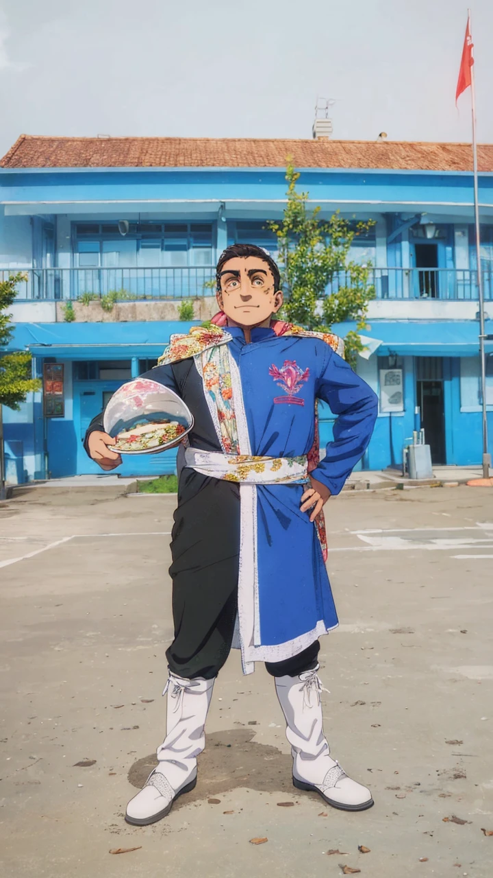 A male character with brown eyes and with medium fringe hairstyle black hair the Mappa art style. He is depicted in a grey shirt, showcasing a sharp jawline.He is also wearing short sleeve shirt. He is also fair. He is also smiling a little. He is also wearing blue scarf in city slicker way . Behind him a small cabin. The artwork should have the best quality, with ultra-detailed and realistic features. The color palette should be vivid, and the lighting should emphasize the character's facial structure and expression.