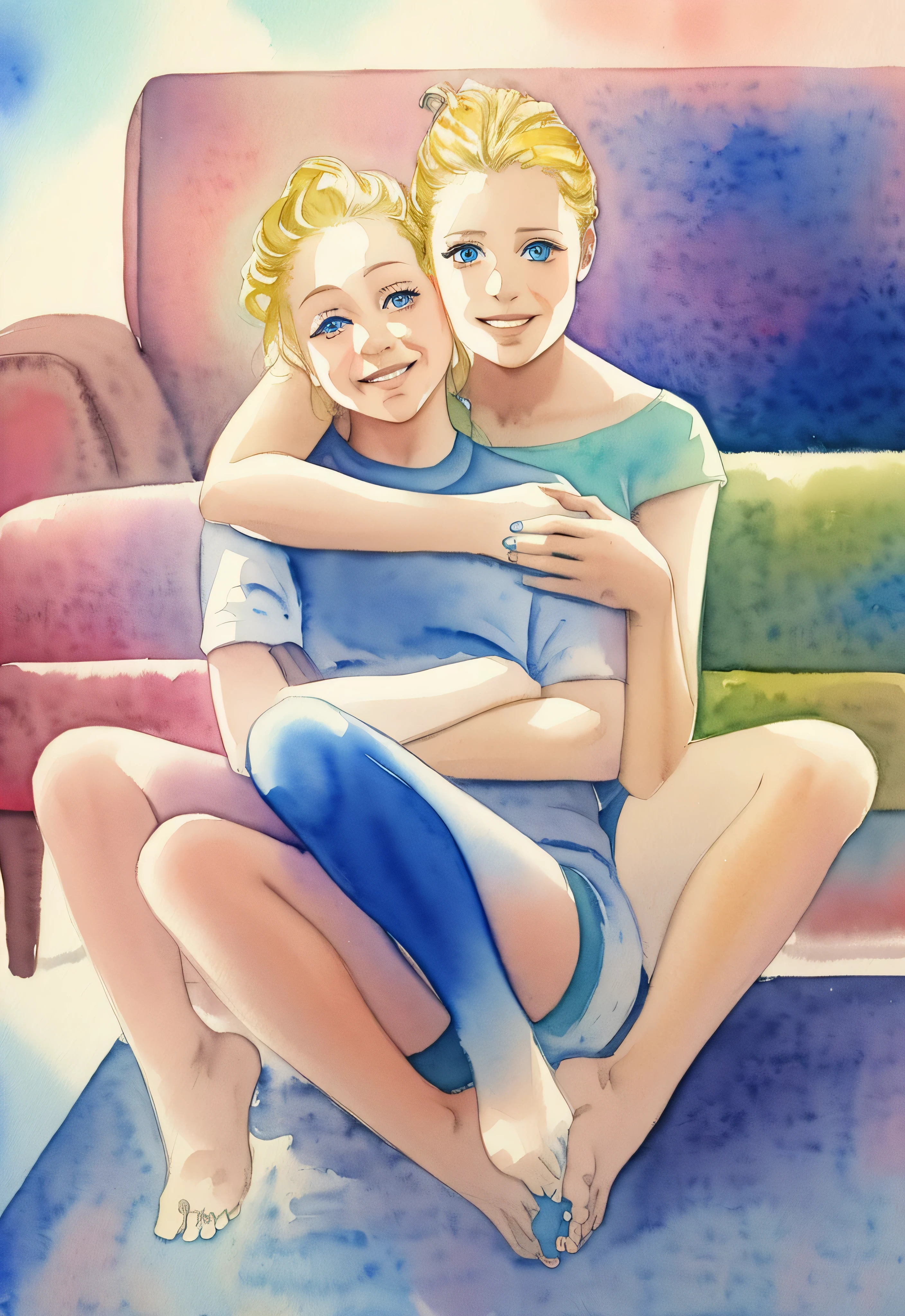 watercolor coloring of two women sitting on het floor, a couch in the background, hugging, blonde hair, blue eyes