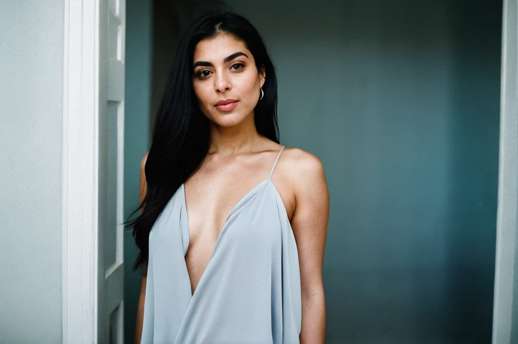 RAW photo,dark,moody,hazy atmosphere,35mm focal lenght,underexposed,cold,candid photograph,artistic,full body,photo of a beautiful,high-society,rich,elegant,30yo Iranian woman,pale skin,detailed skin,naked,Kaftan, looking at viewer, thick body structure,grey background,no background, candid pose,dim room,blue light, film grain, kodak color, instagram LUT