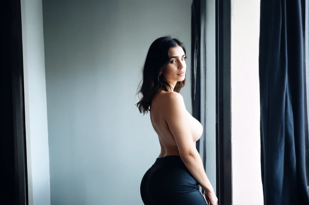 RAW photo,dark,moody,hazy atmosphere,35mm focal lenght,underexposed,cold,candid photograph,artistic,full body,photo of a beautiful,high-society,rich,elegant,30yo Iranian woman,pale skin,detailed skin,naked,Kaftan, looking at viewer, thick body structure,grey background,no background, candid pose,dim room,blue light, film grain, kodak color, instagram LUT