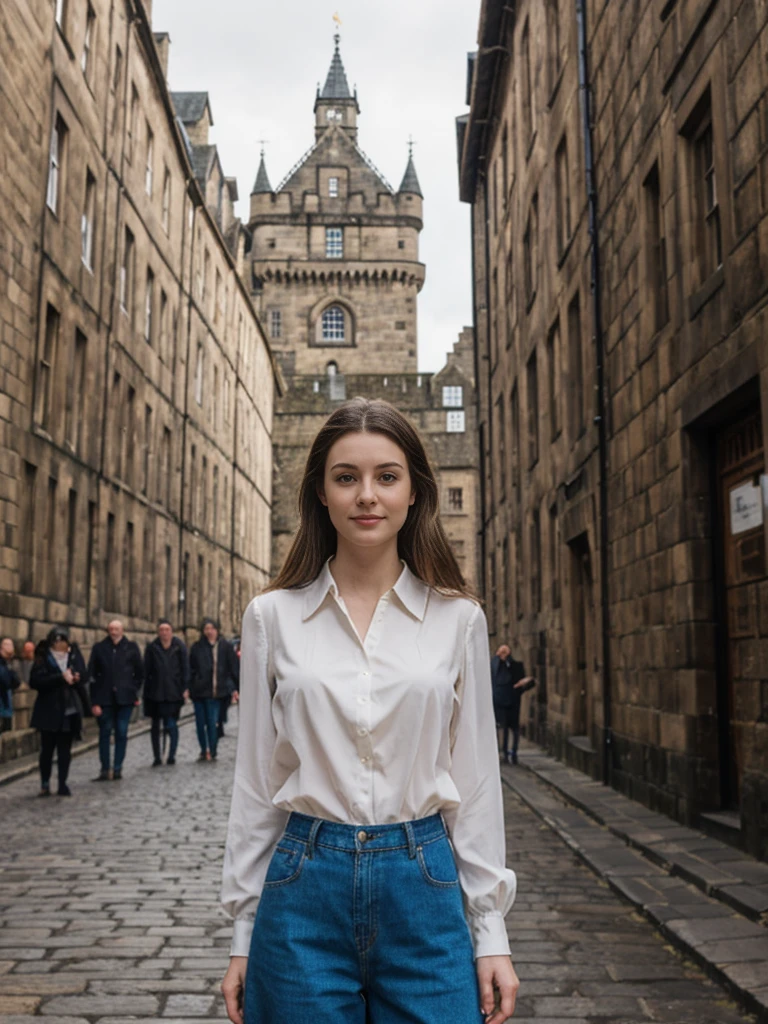her name is Elle, high quality, 1girl, ((20-year-old fit Caucasian woman)), ((20 years old)), ((fit)), ((pale skin)), Beachy Waves dark hair , wearingPeplum Blouse + High-Waisted Culottes, pose: standing, background: Describe the historic charm of Edinburgh's Royal Mile, with its cobblestone streets, medieval buildings, and the imposing Edinburgh Castle at one end.
