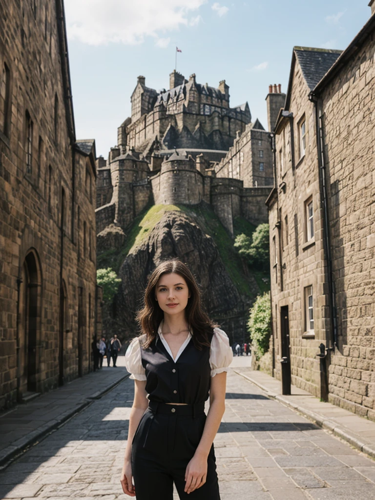 her name is Elle, high quality, 1girl, ((20-year-old fit Caucasian woman)), ((20 years old)), ((fit)), ((pale skin)), Beachy Waves dark hair , wearingPeplum Blouse + High-Waisted Culottes, pose: standing, background: Describe the historic charm of Edinburgh's Royal Mile, with its cobblestone streets, medieval buildings, and the imposing Edinburgh Castle at one end.