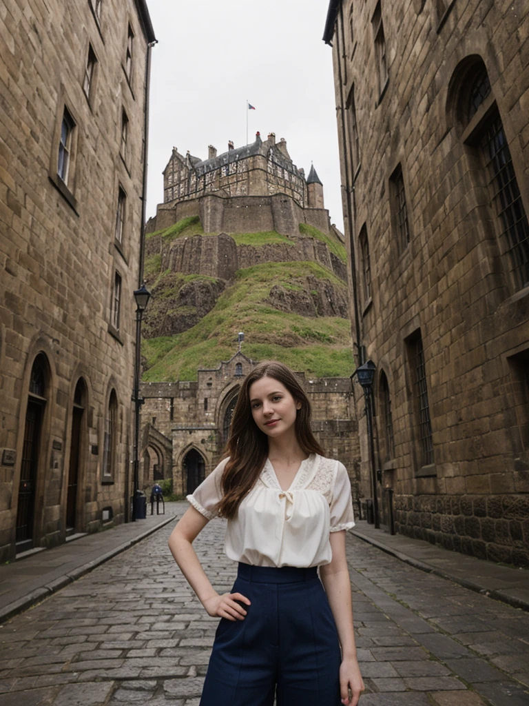 her name is Elle, high quality, 1girl, ((20-year-old fit Caucasian woman)), ((20 years old)), ((fit)), ((pale skin)), Beachy Waves dark hair , wearingPeplum Blouse + High-Waisted Culottes, pose: standing, background: Describe the historic charm of Edinburgh's Royal Mile, with its cobblestone streets, medieval buildings, and the imposing Edinburgh Castle at one end.