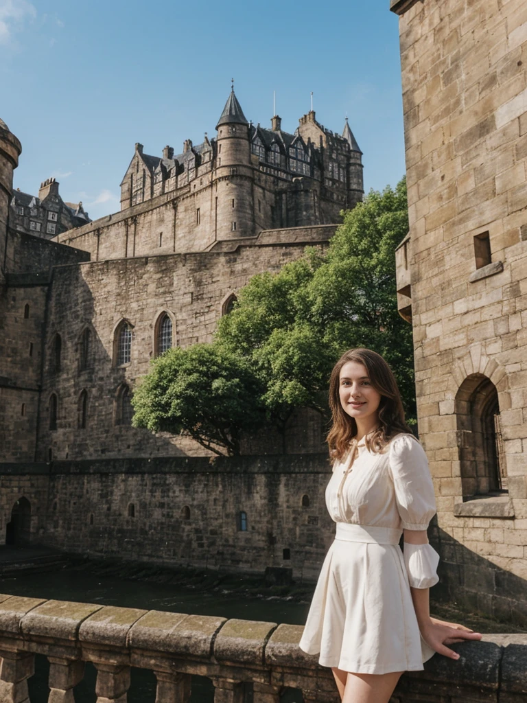 her name is Elle, high quality, 1girl, ((20-year-old fit Caucasian woman)), ((20 years old)), ((fit)), ((pale skin)), Beachy Waves dark hair , wearingPeplum Blouse + High-Waisted Culottes, pose: standing, background: Describe the historic charm of Edinburgh's Royal Mile, with its cobblestone streets, medieval buildings, and the imposing Edinburgh Castle at one end.