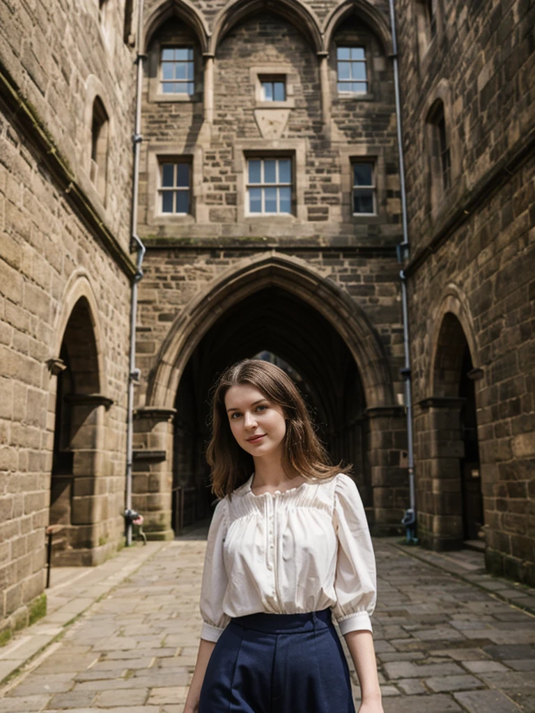 her name is Elle, high quality, 1girl, ((20-year-old fit Caucasian woman)), ((20 years old)), ((fit)), ((pale skin)), Beachy Waves dark hair , wearingPeplum Blouse + High-Waisted Culottes, pose: standing, background: Describe the historic charm of Edinburgh's Royal Mile, with its cobblestone streets, medieval buildings, and the imposing Edinburgh Castle at one end.